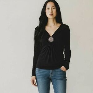 Velvet Black Deep V Long Sleeve Top with Purple Gold Embellished Center M